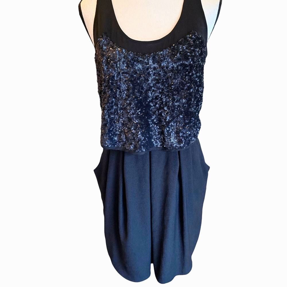 McGinn Anthropologie Black Sequin Tulip Skirt Dress 2 Pocket Cocktail Party